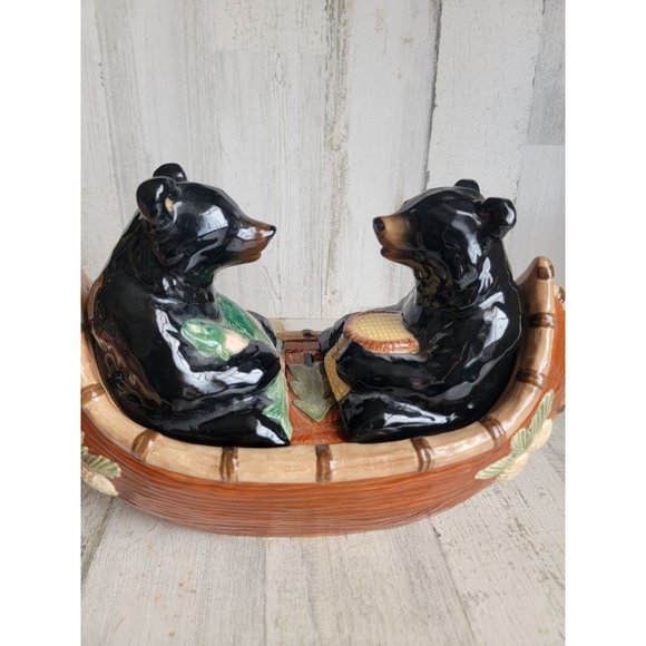 Ceramic black bears fishing couple canoe boat - Picture 7 of 12